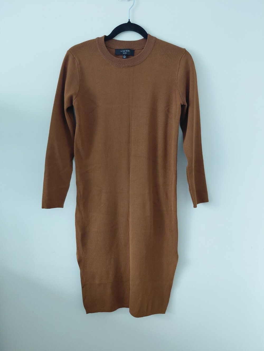 Brown Knit Ribbed Long Sleeve Midi Dress